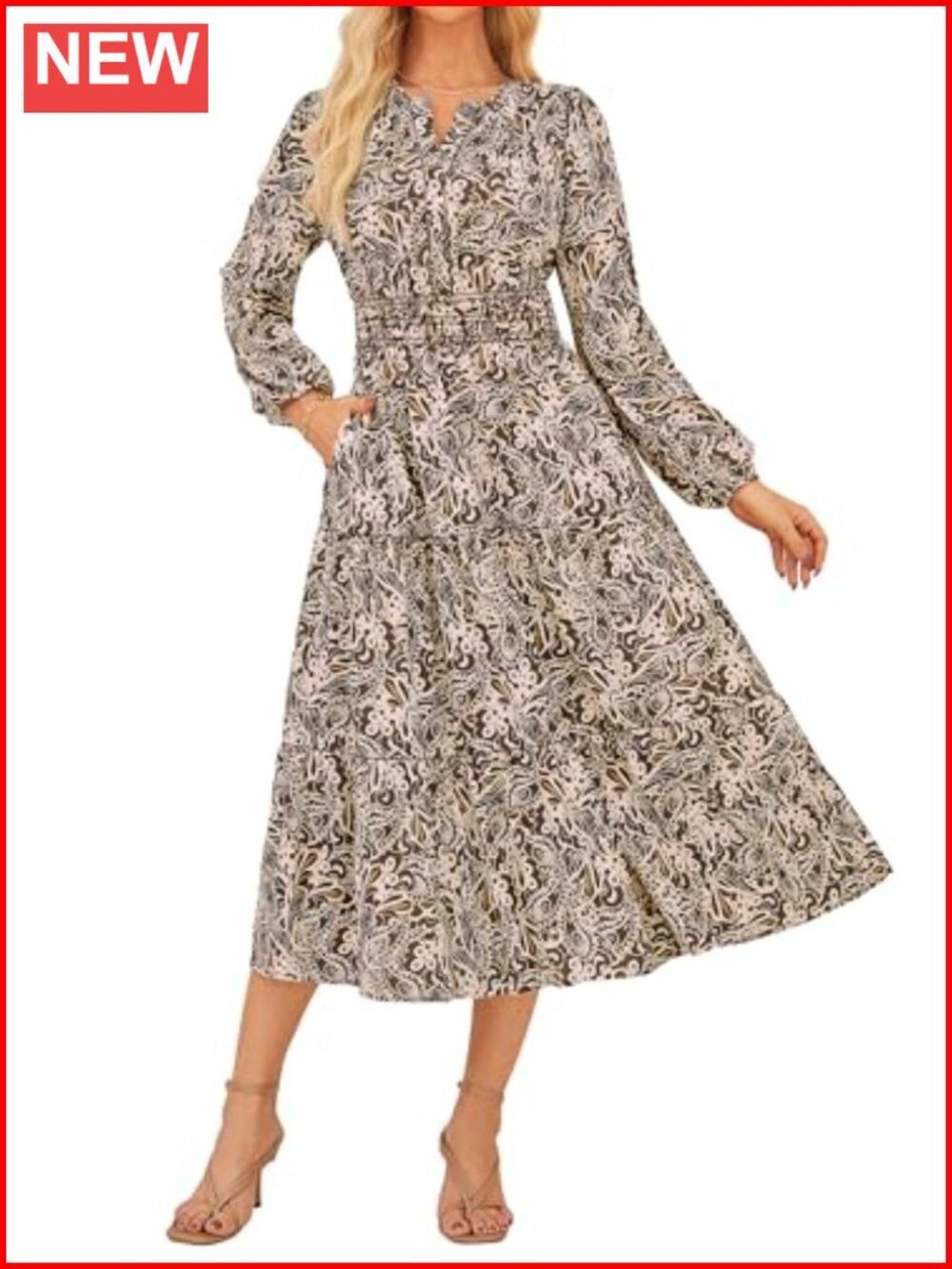 Long Sleeve Maxi Dress Floral V-Neck High Waist with Pockets